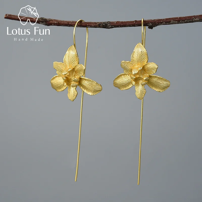 Gold Iris Flower Dangle Earrings Real 925 Sterling Silver Handmade Designer Fine - £43.55 GBP