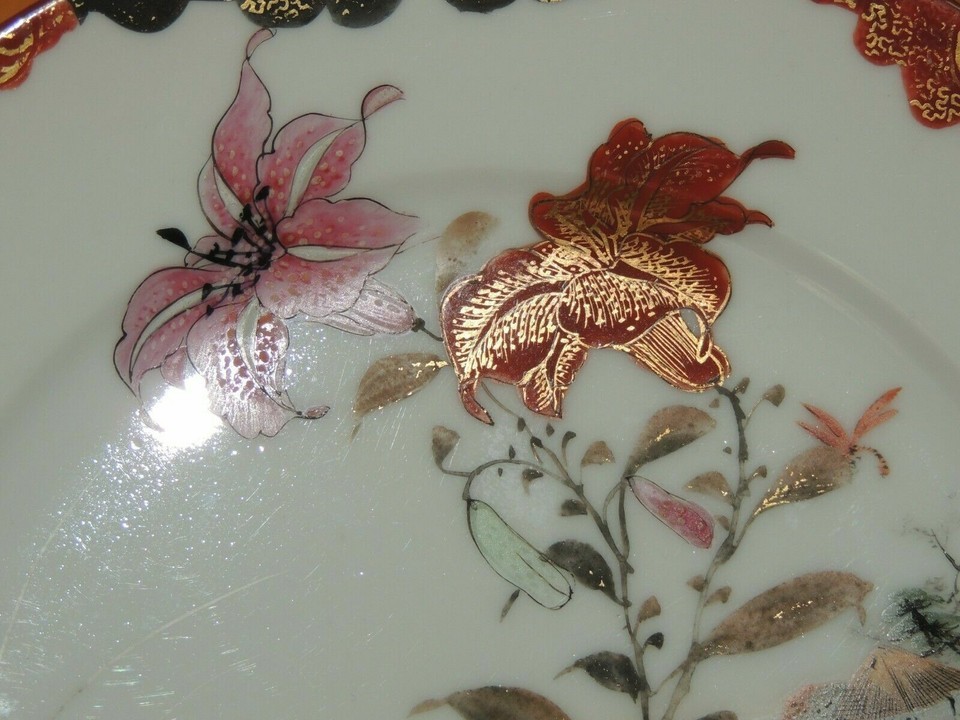 Seto Porcelain Plate 8.25" Bird Lily Lilies flower Japanese 19th Meiji Antique Item image 9