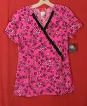 Dickies DK714 Black Pink Floral Print Stretch Mock Wrap Scrub Medical Top XS NWT - £13.11 GBP