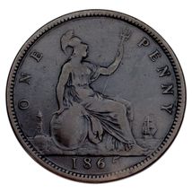 1865 Great Britain Penny VF Condition KM #794.2 Rim Bump on Rx - $48.46