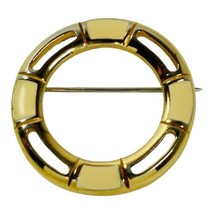 MONET Enamel Gold Tone Brooch Pin Cream Gold Round Circle Lapel Hat Dres... - $12.64