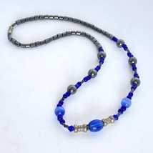 Blue Glass Laser Glass Dark Silver HemaLike Beaded Fashion Necklace 18” - £11.92 GBP