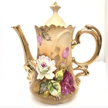 Vtg Lefton NE 1866 Coffee Pot Handpainted Pot And Lid Porcelain Roses 24k 8x8 In - £67.24 GBP