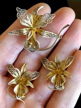 Floral Flower Filigree Jewelry Set Gold over 900 Silver -Earrings and Br... - $75.00