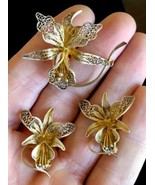 Floral Flower Filigree Jewelry Set Gold over 900 Silver -Earrings and Brooch Pin - $75.00