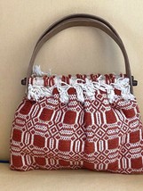 Vintage Sewing Bag Purse Wood Handles Jacquard Knitting Tote Boho Rust Beige - $45.70