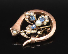 10K GOLD - Vintage Antique Sapphire &amp; Cultured Pearls Open Brooch Pin - ... - £209.70 GBP