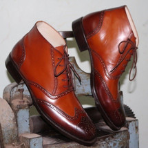 Men Leather Boots High Ankle Two Tone Brown Premium Quality Burnished Brogue Toe - £125.93 GBP