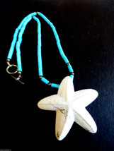 Blue &amp; White Turquoise Heishi bead strand White StarFish Pendant Necklace 19&quot;L - £30.86 GBP