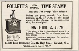 1926 Print Ad Follett&#39;s Time Stamps for Time Recording Newark,New Jersey - £7.05 GBP
