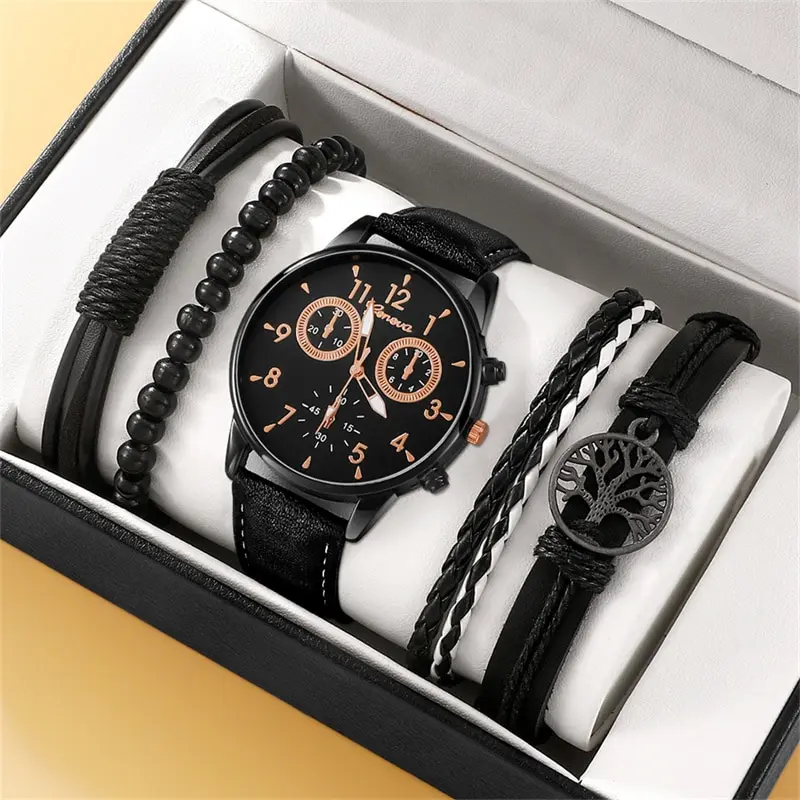 5Pcs Set Fashion Mens   Man Business Wristwatch  Leather celet Men Casual Clock  - £42.86 GBP