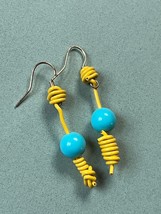 Long Yellow Wound Cord w Bright Plastic Turquoise Bead Earrings for Pierced Ears - £7.09 GBP