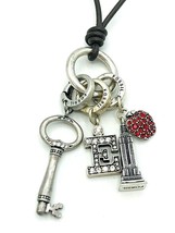 Fossil Empire State Red Pave Rhinestone Apple Key Charm BROWN Cord Necklace - £34.83 GBP