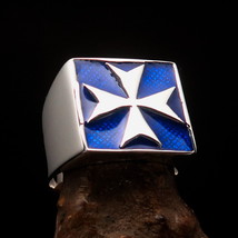 Square shaped Men&#39;s Templar Knight Ring blue Maltese Cross - Sterling Silver - £65.54 GBP