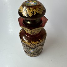 Vintage Bohemian Czech Cranberry Glass Vase Gilded Hand Painted Flowers - £126.75 GBP