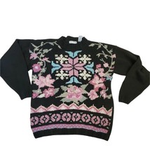 Vintage 90s Floral Chunky Sweater Pastel Black Fairy Kei Ramie Sz Medium - $38.53