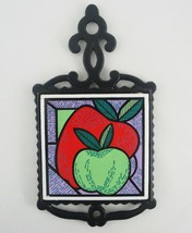 Ceramic Tile Black Cast Iron Trivet Red and Green Apples Purple Mosaic Design - £6.27 GBP