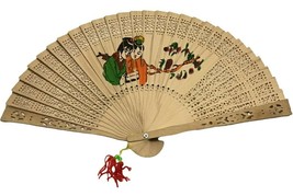 Vintage Wood Carved Fan Hand Painted Asian Oriental Dual Sided w/ Orig Box - £23.62 GBP