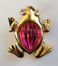 Frog Brooch Pin Pink Molded Glass Cabochon Crystal Rhinestones Gold Tone... - $19.99