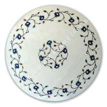 18&quot; White Round Marble Coffee Table Top Lapis Lazuli Inlay Furniture Decor E1058 - £351.54 GBP