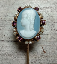 Vintage Victorian STYLE Blue Cameo Hatpin Stick Purple Rhinestones Faux Pearls - £15.11 GBP