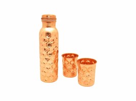 Copper Joint Free 950 Ml Bottle Diamond Hammered with 2 Glasses Health Yoga - £20.29 GBP