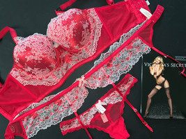 Victoria&#39;s Secret 34DD,36C Bra Set+Garter+Thong Red Pink White Lace Crystallized - £110.64 GBP