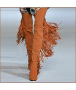 Long Fringe Russet Suede Leather Over the Knee Thigh High Square Heel LA... - £258.75 GBP