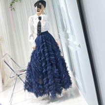 Dusty Blue Tiered Tulle Maxi Skirt Outfit Women Plus Size Tulle Gown Skirt image 2