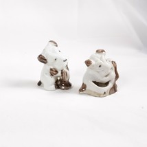 2 Small Brown White Dogs Figurines Playing Trumpet and Cello Japan Vintage - $17.32