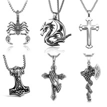 Mens Silver Dragon / Scorpion / Cross / Viking Hammer Pendant Punk Necklace 24&quot; - £7.90 GBP