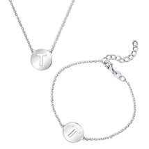 Sterling Silver Cut-Out Shiny &#39;T&#39; Disc Initial Bracelet &amp; Necklace Set - £44.58 GBP