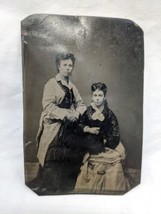 Antique 1800s Tintype Women In Dresses Photo 2 3/4&quot; X 4&quot; - £47.36 GBP