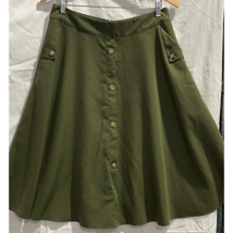 Shein Womens Flare Button Front Skirt Green Midi Pockets Buttons Zip L - £11.65 GBP