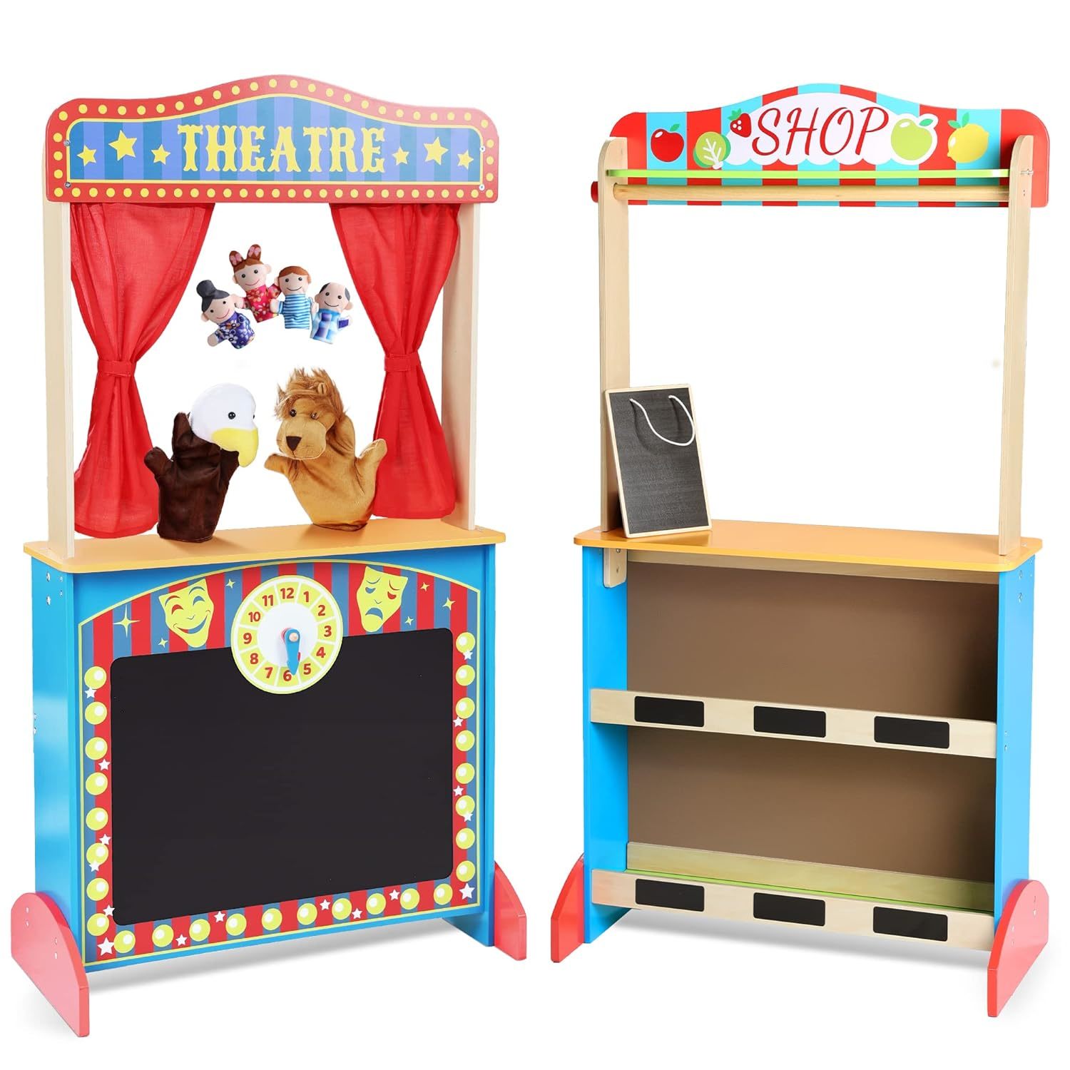 Deluxe Wooden Puppet Theater With Curtains, Blackboard And Clock, Double-Sided P