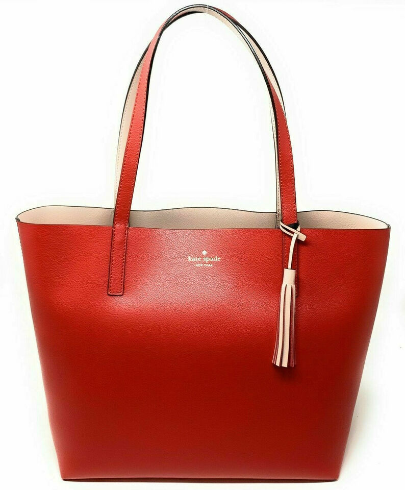 Primary image for Kate Spade Lakeland Marina Reversible Red / Beige Leather Tote NWT WKRU5342 FS
