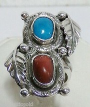 Vintag Sterling Silver Feather Turquoise Coral Double Concho Ring Sz 7.2... - $79.99