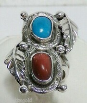 Vintag Sterling Silver Feather Turquoise Coral Double Concho Ring Sz 7.2... - £64.09 GBP