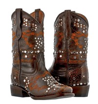 Kids Brown Western Cowboy Boots Brown Leather Studded Embroidered Square... - £52.16 GBP