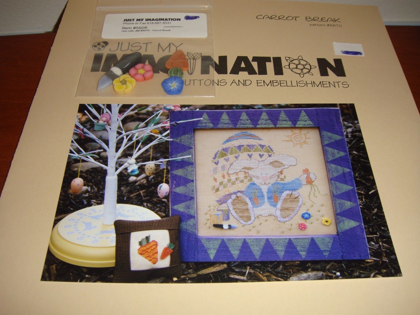 Just My Imagination Carrot Break Cross Stitch Pattern & 5 Embellishment Buttons  - $15.99