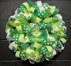 Green Frog Wreath Spring Summer Handmade 24 Inch Deco Mesh Welcome Wreath - $65.00