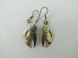 Mexico Cat Earrings Marked Alpaca Silver Dangle Wire Vtg 1.75&quot; Long Free Ship! - £14.14 GBP