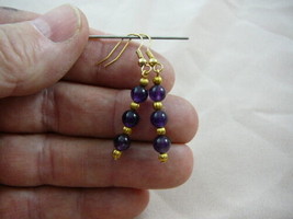 EE474-5) 3 bead Purple amethyst crystal gemstone beaded dangle gold earrings - £12.65 GBP