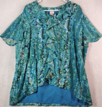 Covington Blouse Top Women Size XL Blue Green 100% Polyester Short Sleeve V Neck - £9.82 GBP