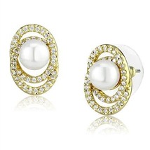 6mm Round Pearl Cubic Zirconia Halo Pretty Stud Yellow Gold Plated Earring - £56.19 GBP