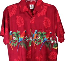 Hawaiian Button Front Shirt Red Medium Tropical Print Parrots Single Stich - £14.68 GBP