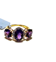 10K Yellow Gold Purple Amethyst Oval &amp; Round 3-Stone with W. Zircon Ring, Size 6 - $299.99