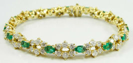 18K Yellow Gold Over Diamonds Emerald Tennis Bracelet Flowers Prongs Set 14.50Ct - £139.38 GBP
