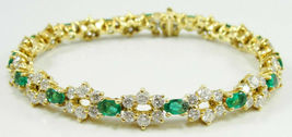 18K Yellow Gold Over Diamonds Emerald Tennis Bracelet Flowers Prongs Set 14.50Ct - £133.93 GBP