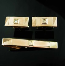 Vintage Diamond Cufflinks Tie clip set Gold classic wedding jewelry groom tuxedo - £115.90 GBP